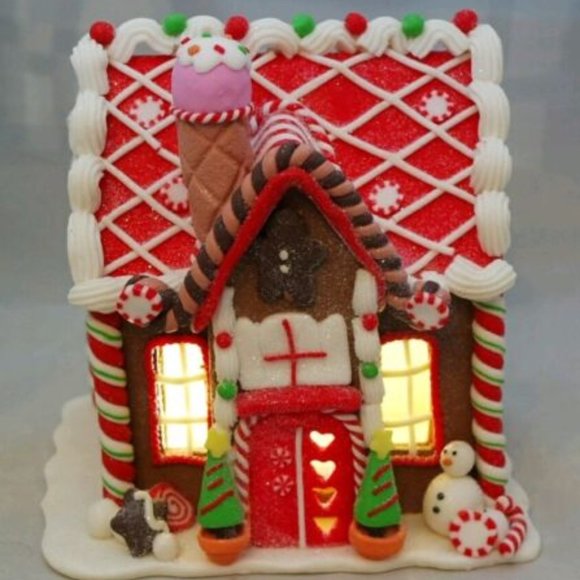 Kurt Adler Holiday Gingerbread House Candy Ice Cream Red White Led